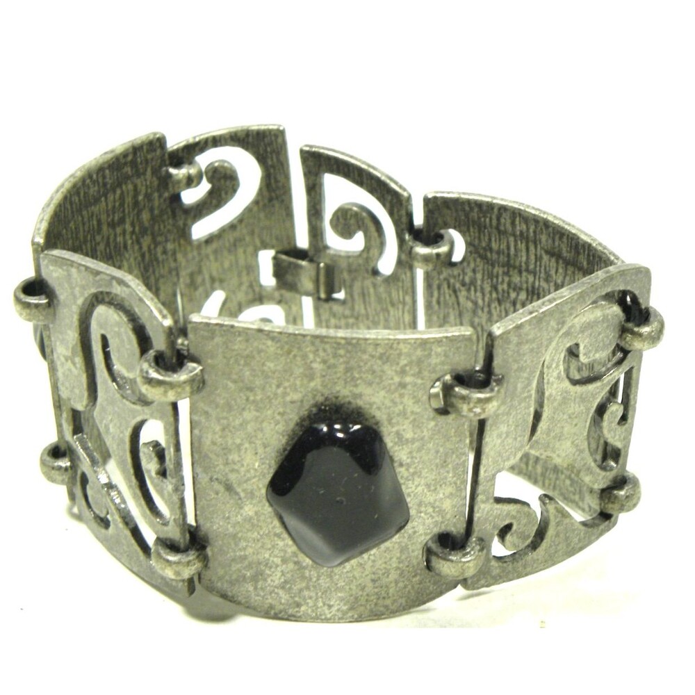 Chunky Wide Bracelet Silver Tone Panel Open Work Scroll Pewter Goth Fairy Grunge